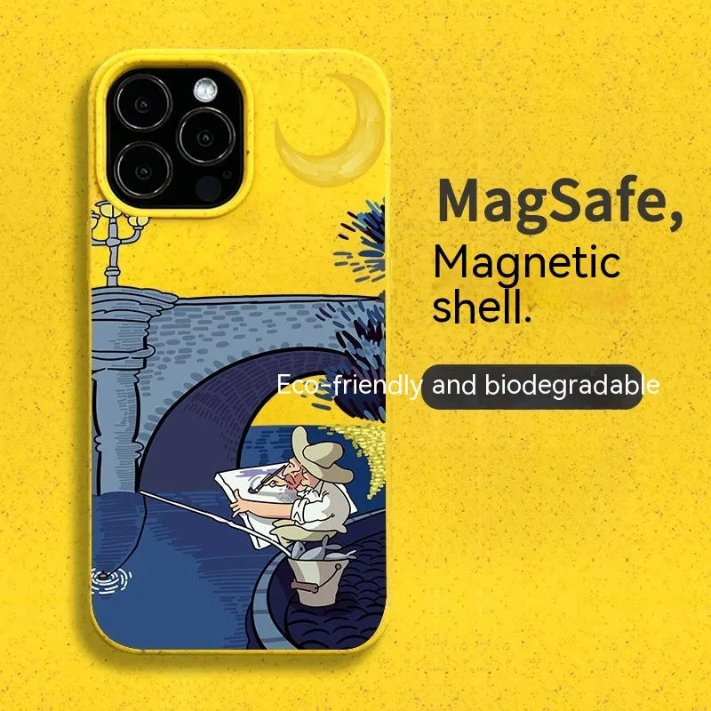 Magnetic resin retro graffiti phone case for iPhone 13 and 14 series in green