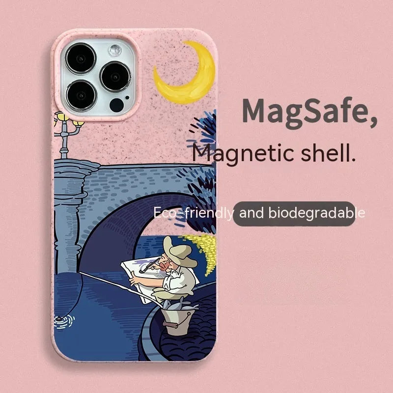 Magnetic resin retro graffiti phone case for iPhone 13 and 14 series in green
