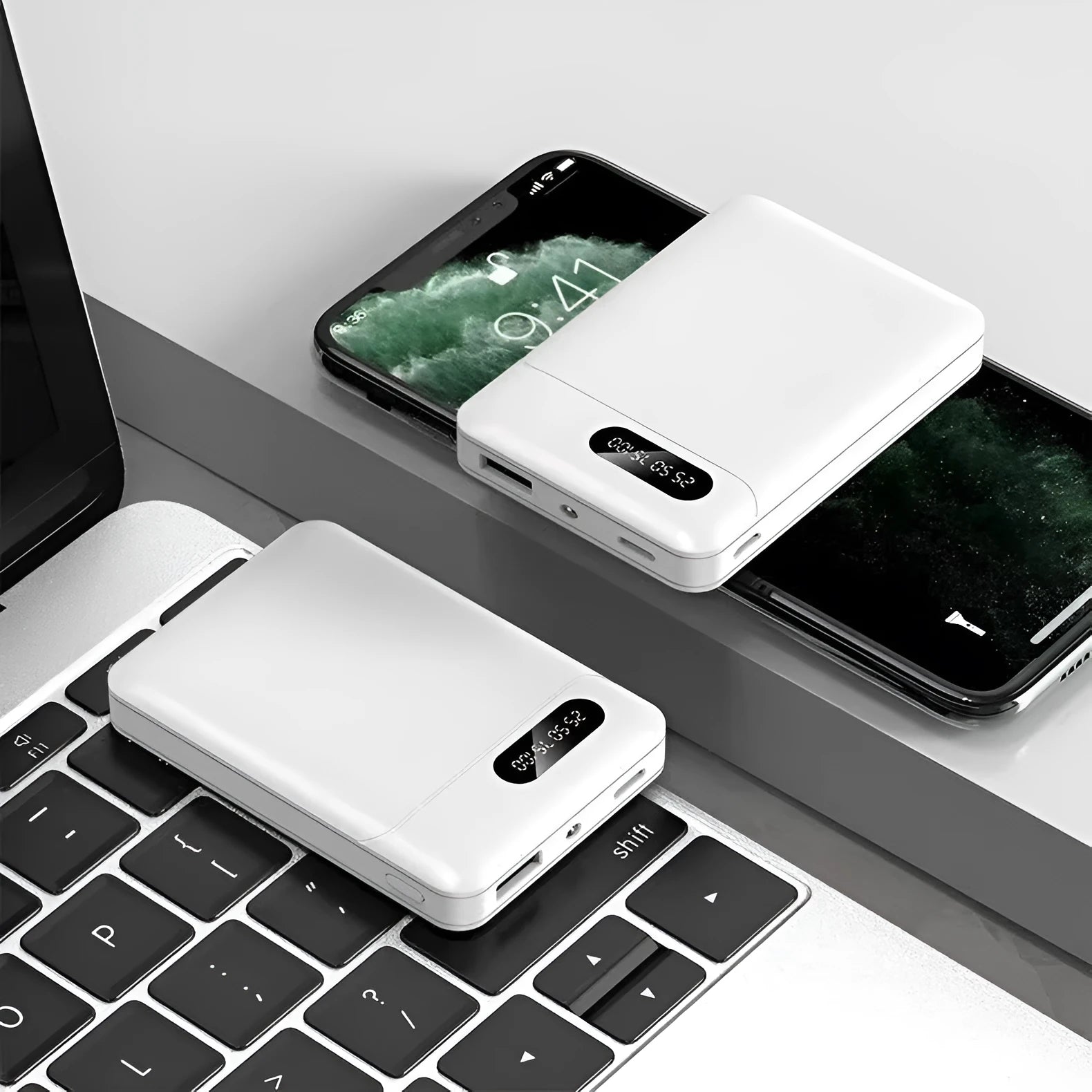 White or black 10000mAh portable power bank with dual USB charging ports