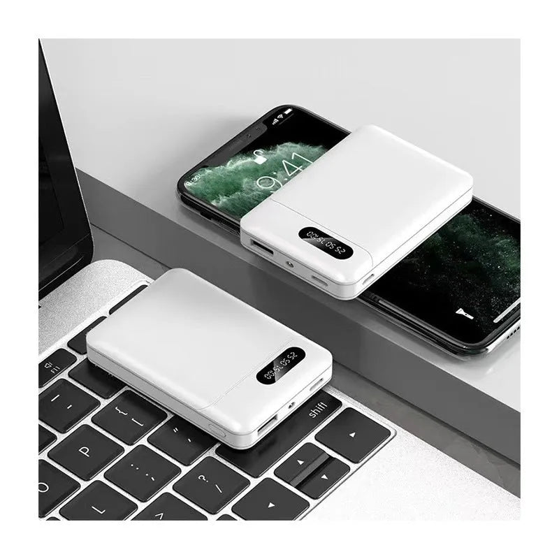 White or black 10000mAh portable power bank with dual USB charging ports