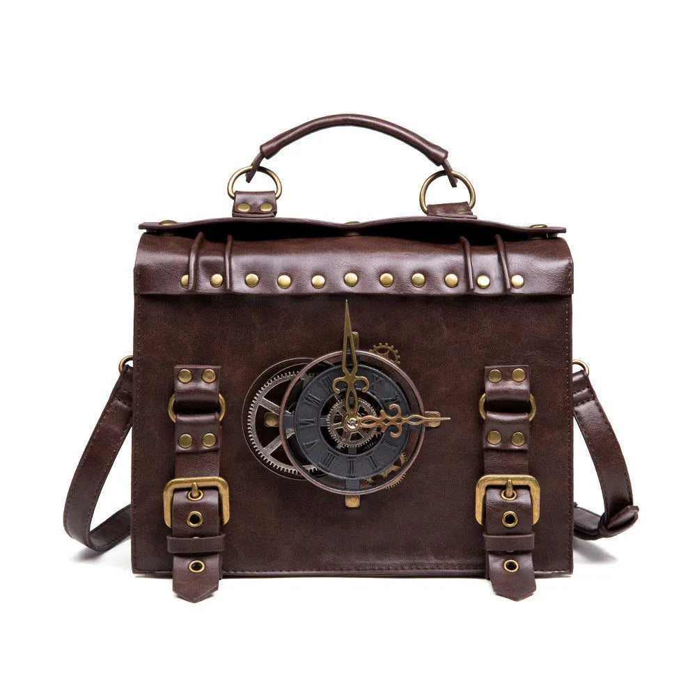 Bronze steampunk industrial retro style shoulder bag with metal hardware