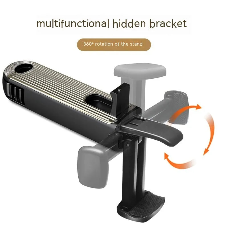 Car seat back rotating hook bracket for General Motors rear headrest, vertical screen mount, buckle type, black