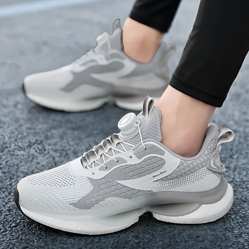 Men's rotating button buckle running shoes in Fly-knit mesh with TPU sole in beige colour