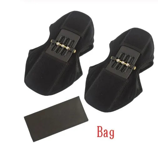 Black spring knee brace with adjustable straps on a grey background