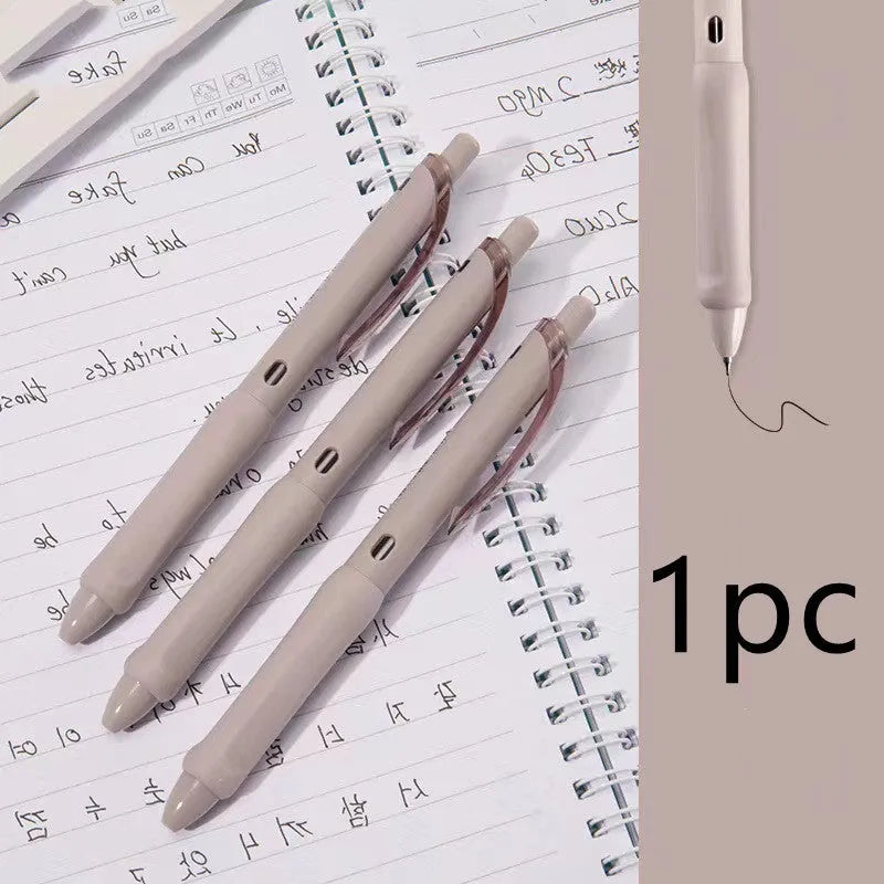 Macaron colour press gel pen with 0.5mm tip shown in smoked brown, white, and pink ink options
