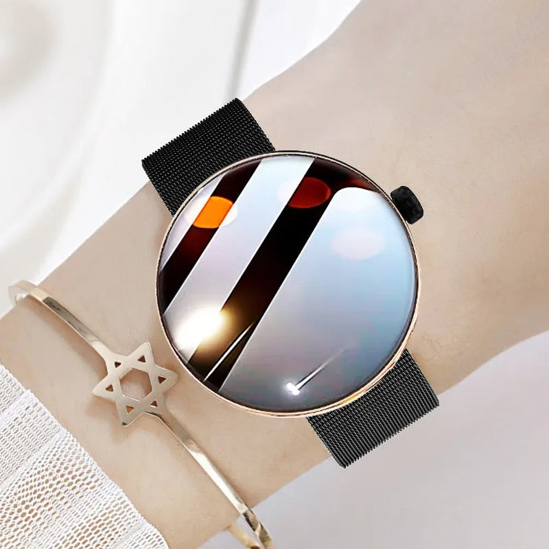 Women's circular smart watch with colour screen and metal strap on wrist