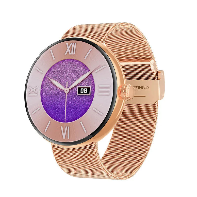 Women's circular smart watch with colour screen and metal strap on wrist