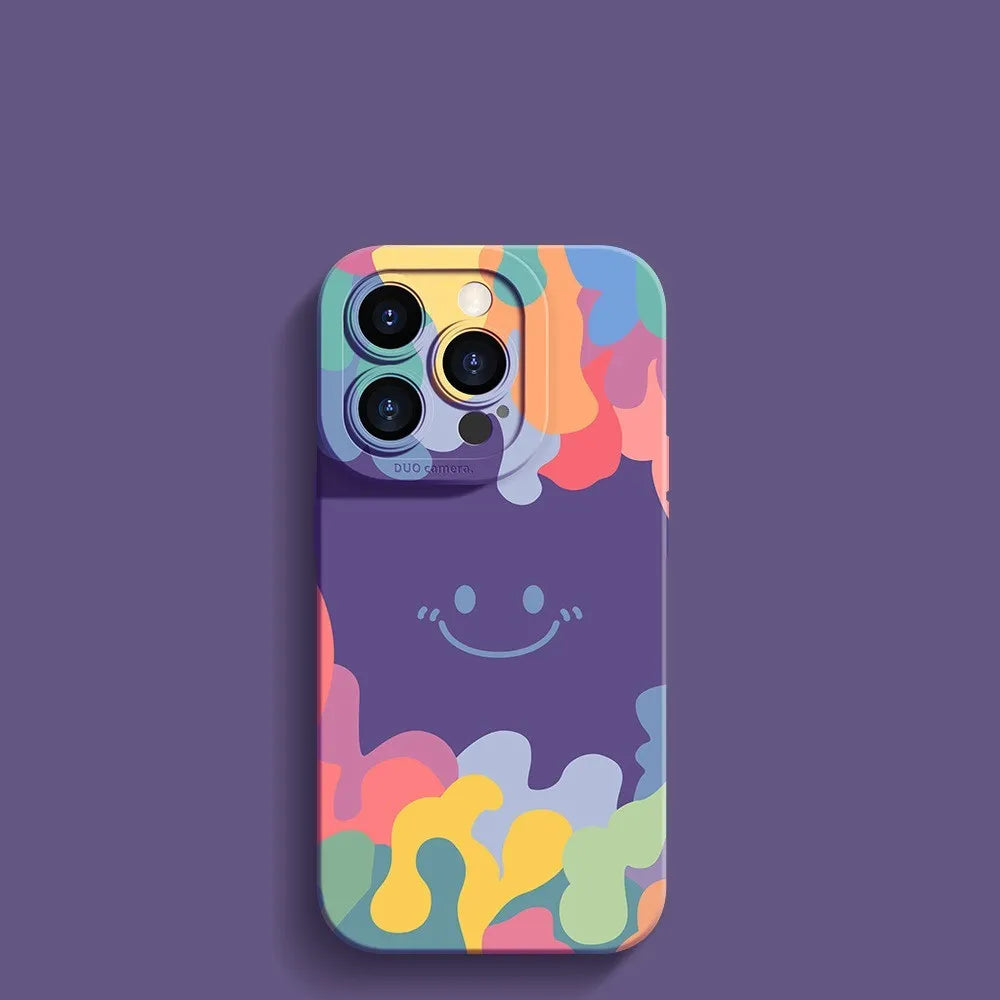 TPU drop-resistant phone case for iPhone in purple with smiling face pattern