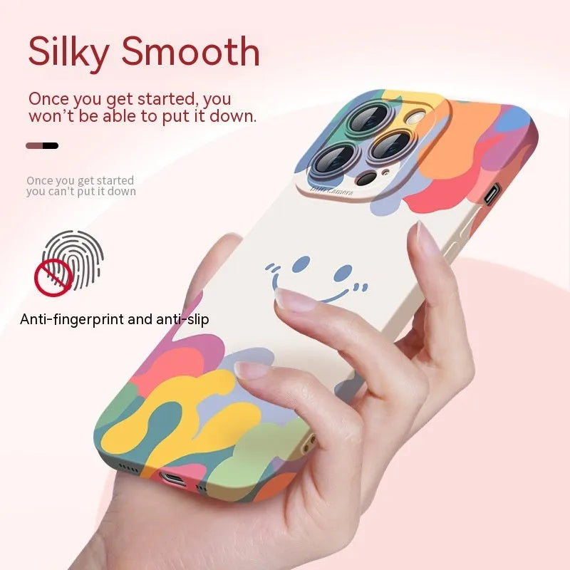 TPU drop-resistant phone case for iPhone in purple with smiling face pattern