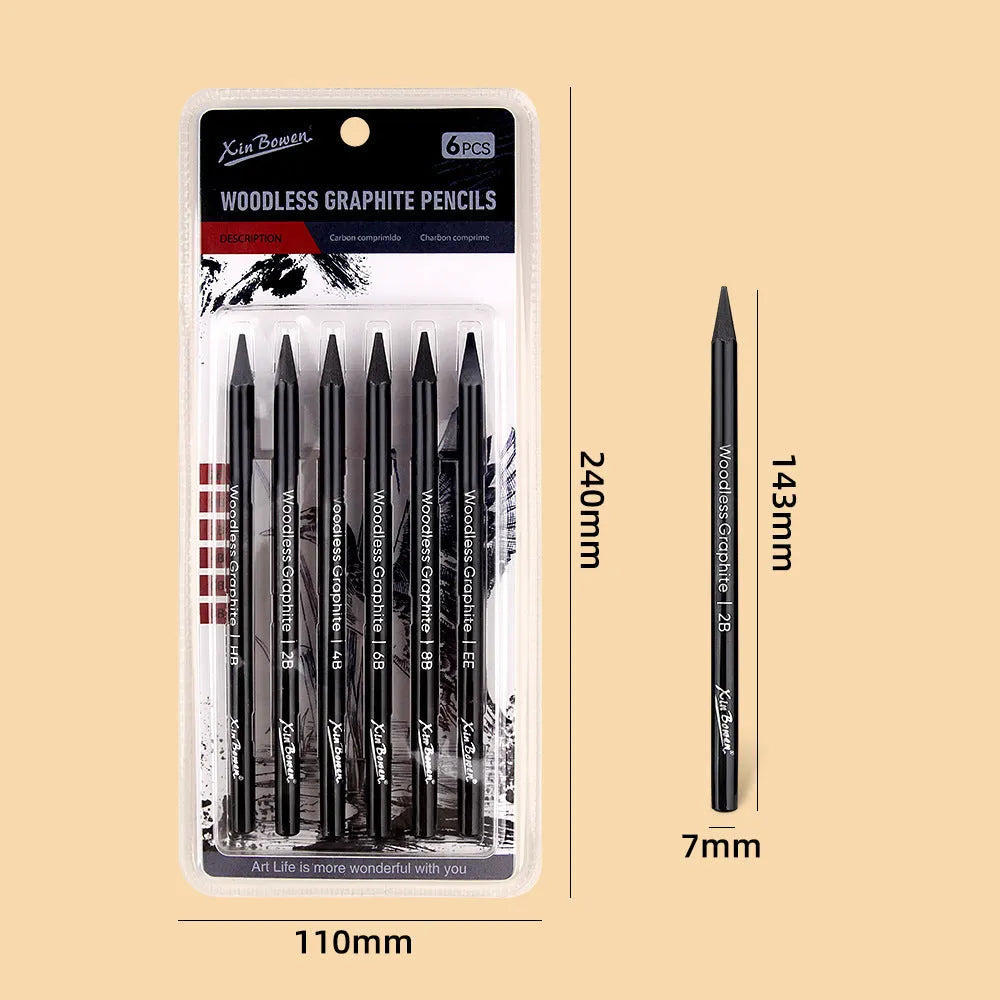 Set of six wood-free graphite sketching pencils in grades HB 2B 4B 6B 8B EE