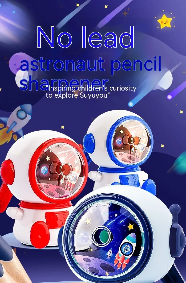 Cartoon astronaut pencil sharpener in blue or pink colours with manual operation