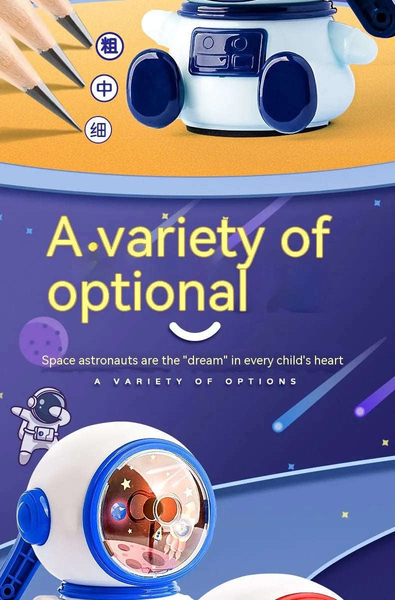 Cartoon astronaut pencil sharpener in blue or pink colours with manual operation
