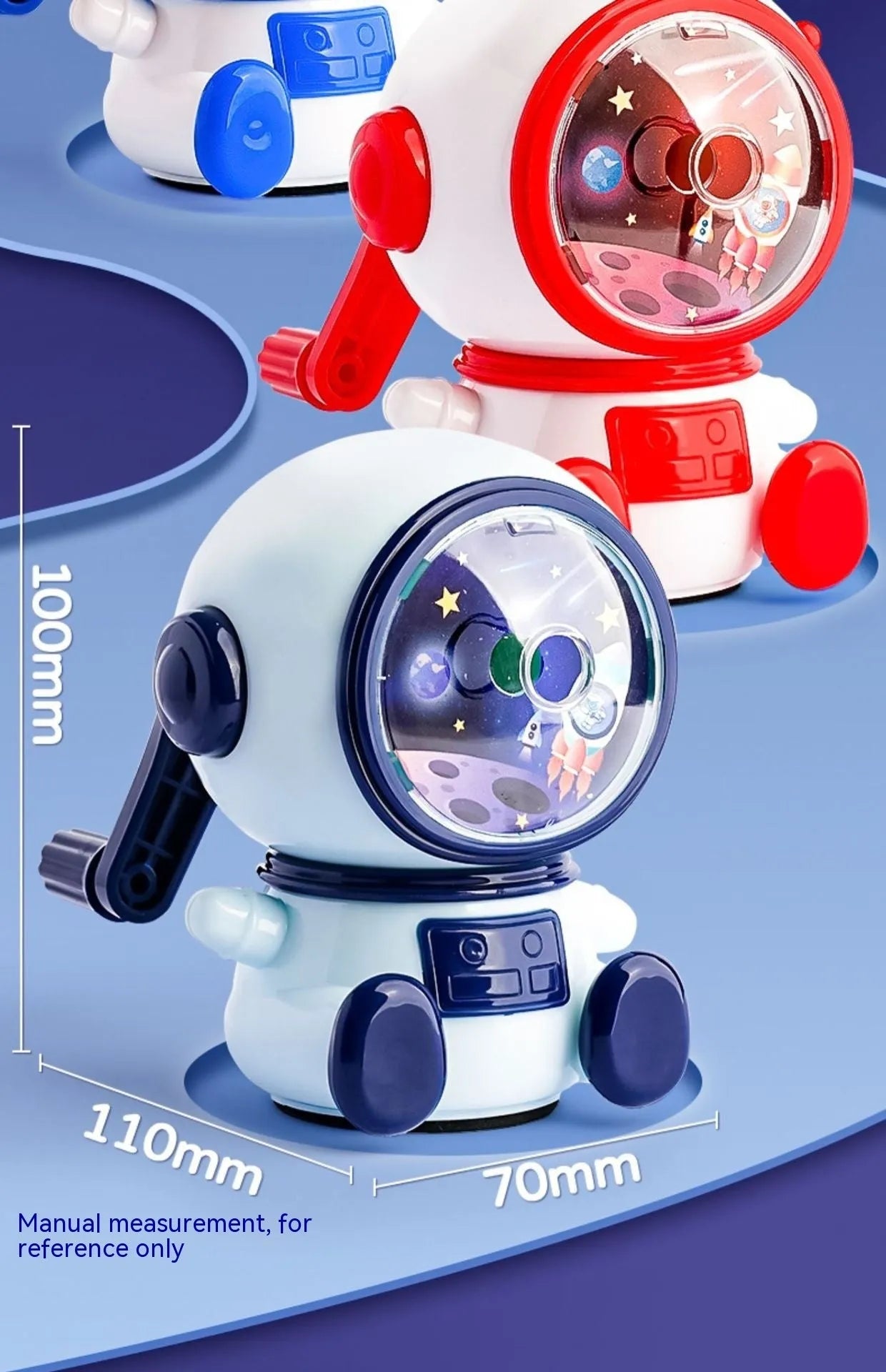 Cartoon astronaut pencil sharpener in blue or pink colours with manual operation