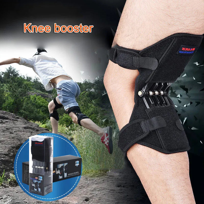 Black spring knee brace with adjustable straps on a grey background