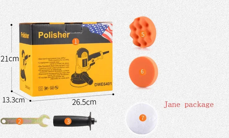 Yellow automotive polishing machine with 125mm disc for car metal wood ceramic leather surfaces