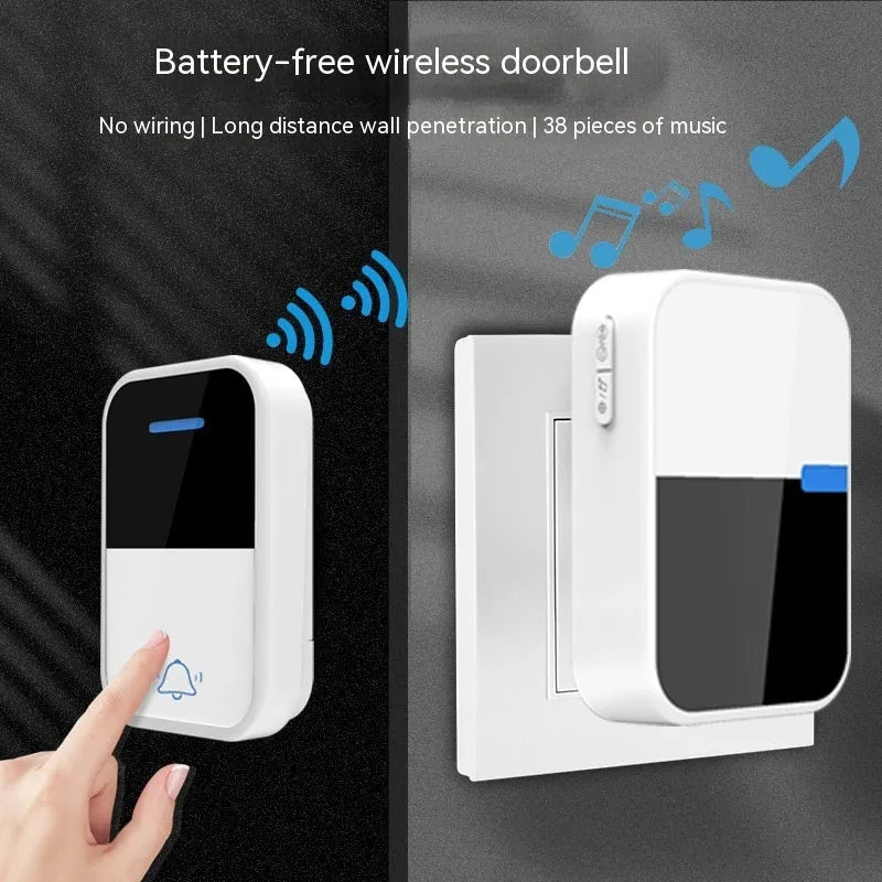 White plastic wireless doorbell system showing receiver and self-generating push button with 150 metre range