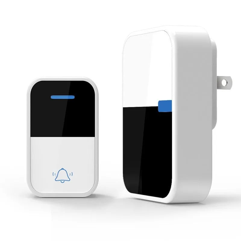 White plastic wireless doorbell system showing receiver and self-generating push button with 150 metre range