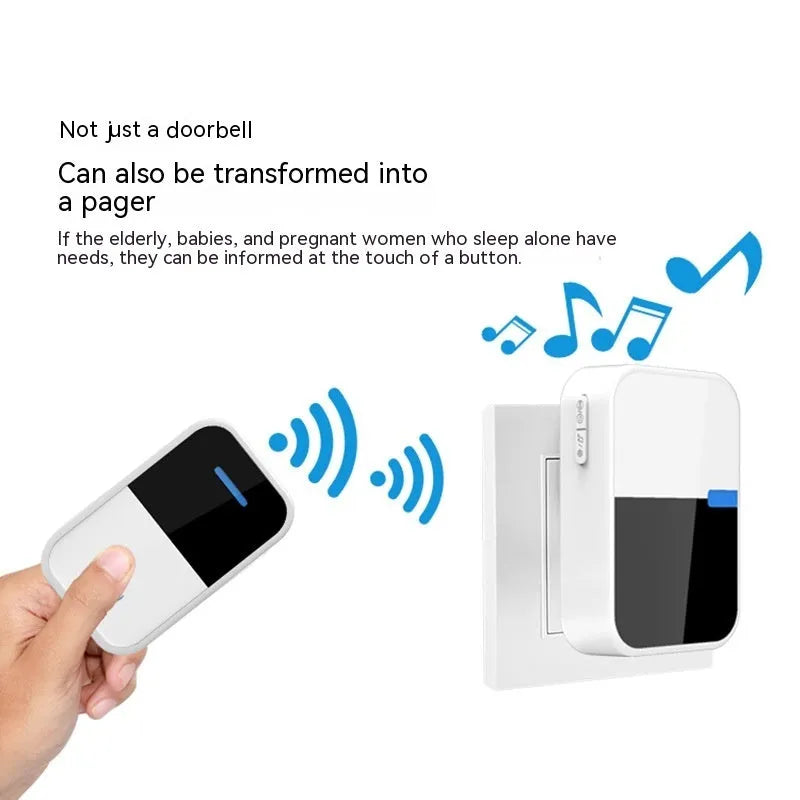 White plastic wireless doorbell system showing receiver and self-generating push button with 150 metre range