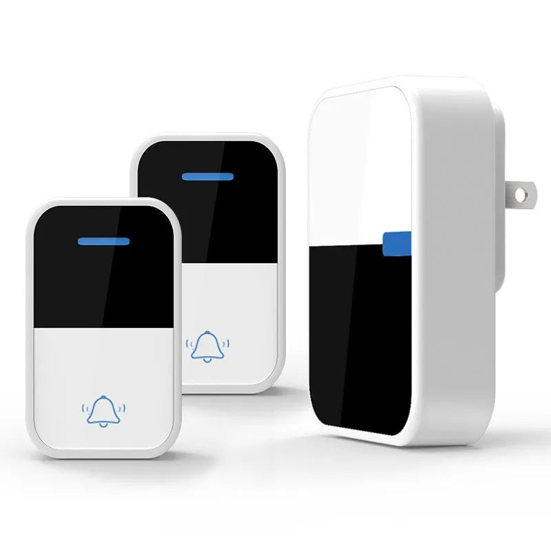 White plastic wireless doorbell system showing receiver and self-generating push button with 150 metre range