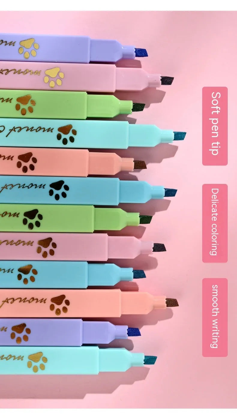 Cat's Paw brand fluorescent marking pen set with six colours and oblique heads in a gift box.