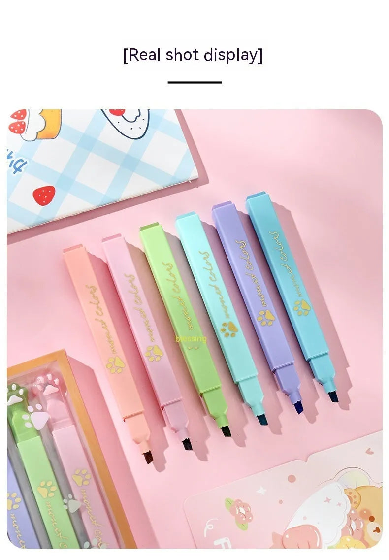 Cat's Paw brand fluorescent marking pen set with six colours and oblique heads in a gift box.
