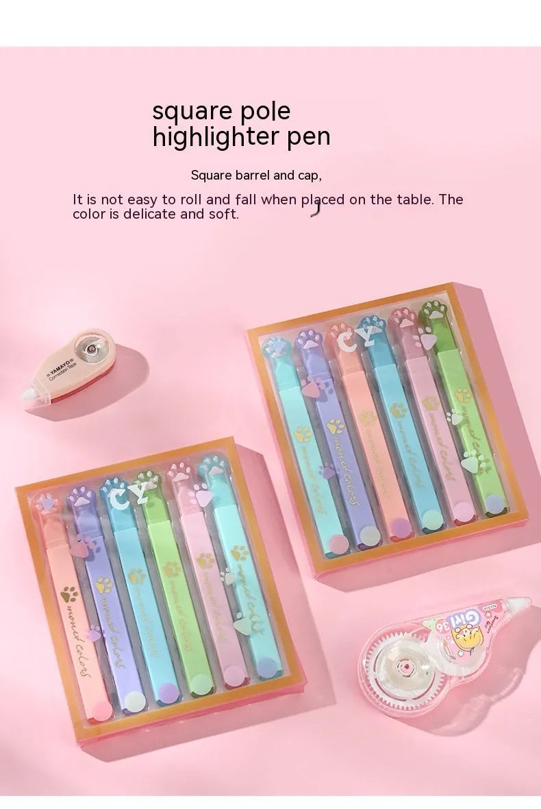 Cat's Paw brand fluorescent marking pen set with six colours and oblique heads in a gift box.