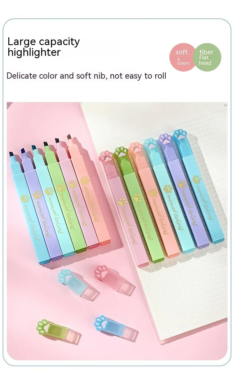 Cat's Paw brand fluorescent marking pen set with six colours and oblique heads in a gift box.
