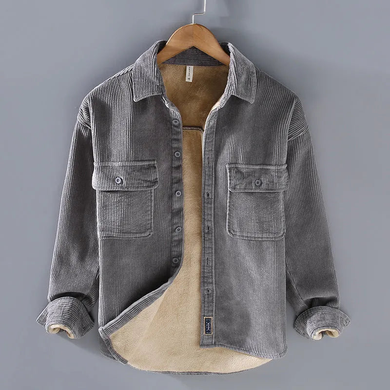 Men's fleece lined corduroy coat shirt in khaki, loose fit, long sleeves, non-iron