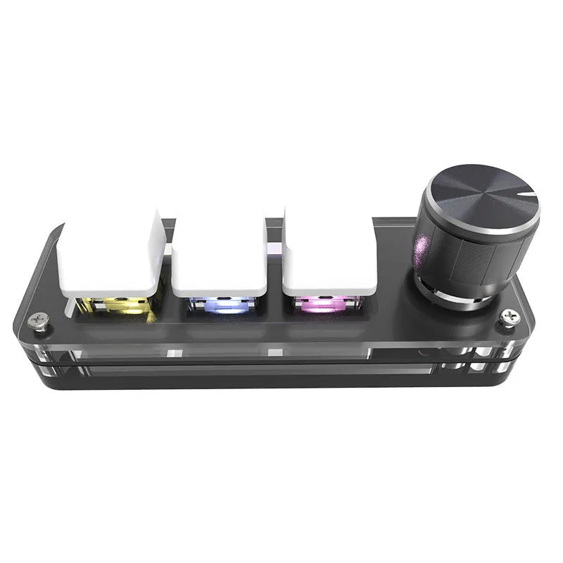 Black programmable macro keyboard with RGB backlighting and dedicated copy paste keys