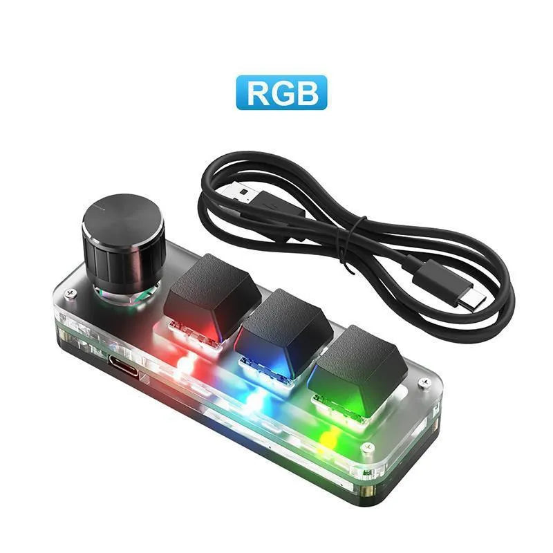Black programmable macro keyboard with RGB backlighting and dedicated copy paste keys