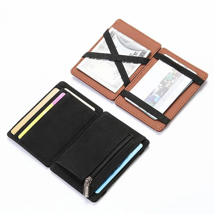 PU creative magic wallet showing flip card holder and zipper coin purse in solid colour with sewing line detailing