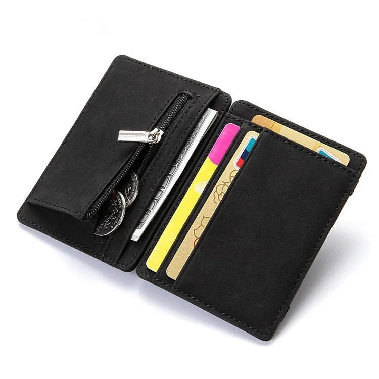 PU creative magic wallet showing flip card holder and zipper coin purse in solid colour with sewing line detailing