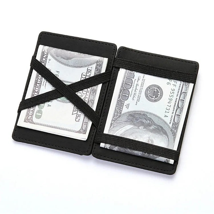 PU creative magic wallet showing flip card holder and zipper coin purse in solid colour with sewing line detailing