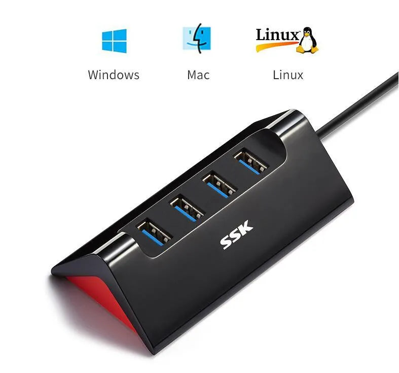 Black ABS plastic USB expansion dock with four ports showing Micro USB power connection