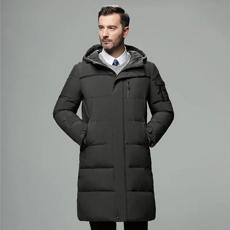 Long padded down jacket for men in black colour with white duck down filling polyester shell