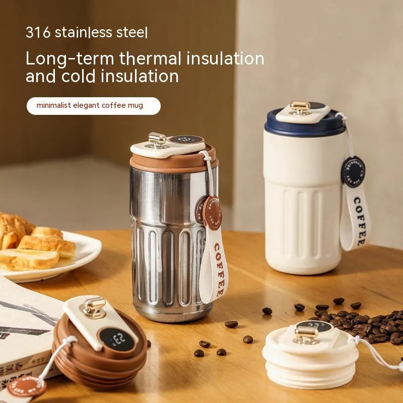 Smart digital thermal bottle 450ml with temperature display, 316 stainless steel liner, available in Fog White Coffee colour