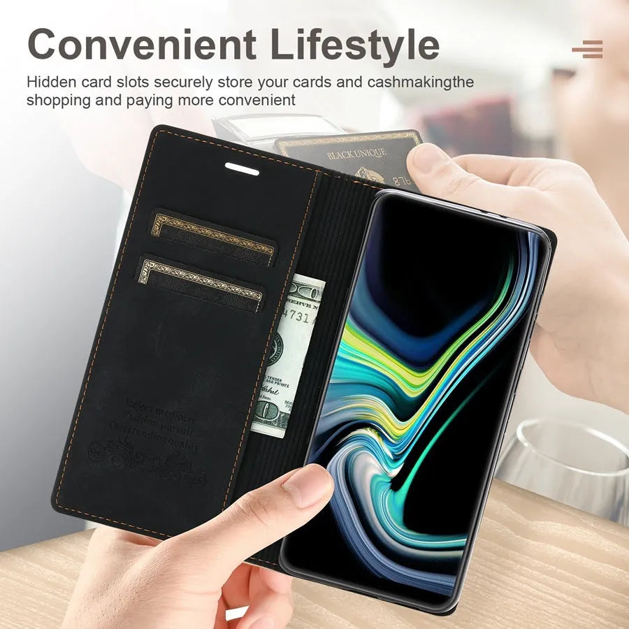 Samsung flip leather phone case in black with magnetic closure and built-in kickstand bracket