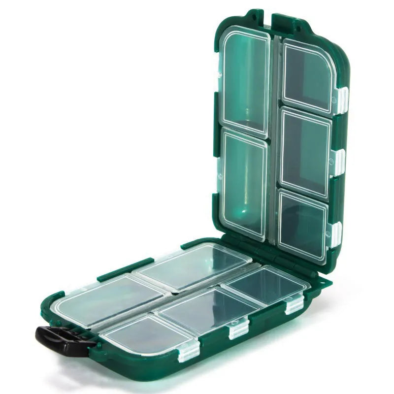 Plastic fishing tackle storage box with 10 compartments in black, green, or blue colours