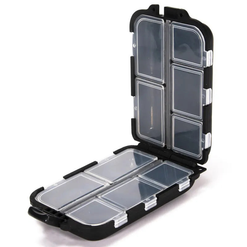 Plastic fishing tackle storage box with 10 compartments in black, green, or blue colours