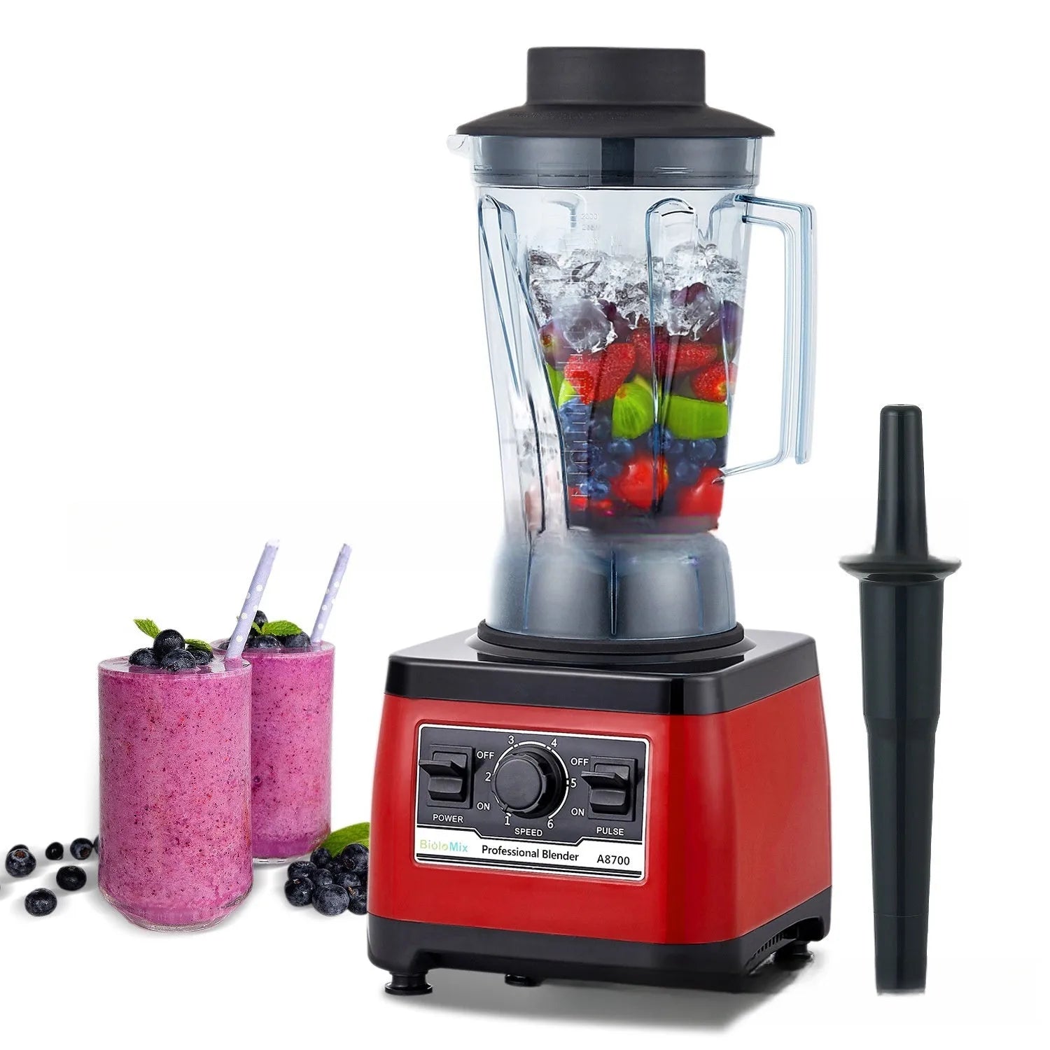 Red industrial commercial blender with stainless steel jug, model A8700, 2200W motor