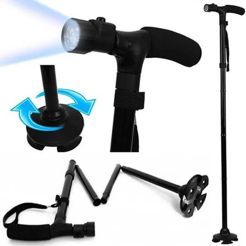 Black LED folding cane with six-LED flashlight, adjustable height aluminium walking stick for elderly