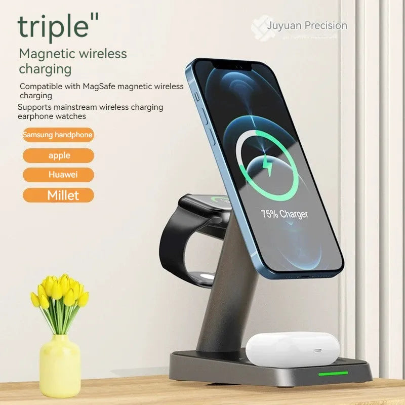 Black minimalist vertical wireless charging stand with integrated smartwatch pad and 10000mAh power bank.