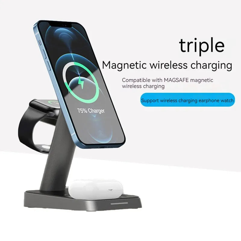 Black minimalist vertical wireless charging stand with integrated smartwatch pad and 10000mAh power bank.