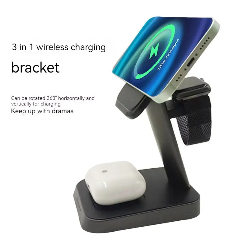 Black minimalist vertical wireless charging stand with integrated smartwatch pad and 10000mAh power bank.