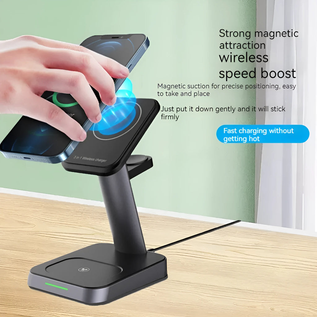 Black minimalist vertical wireless charging stand with integrated smartwatch pad and 10000mAh power bank.
