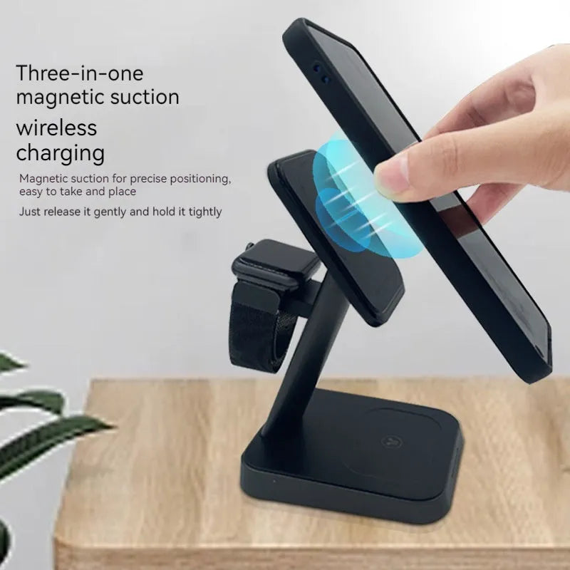 Black minimalist vertical wireless charging stand with integrated smartwatch pad and 10000mAh power bank.