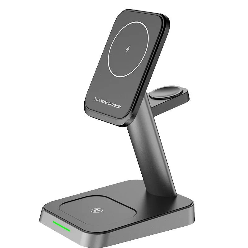 Black minimalist vertical wireless charging stand with integrated smartwatch pad and 10000mAh power bank.