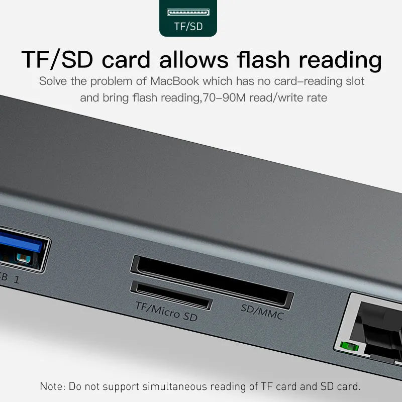 Grey ten-port hub docking station with cooling bracket showing HDMI, VGA, and USB ports