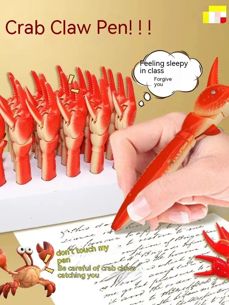 Crab-shaped ballpoint pen showing pressable can clip mechanism on side