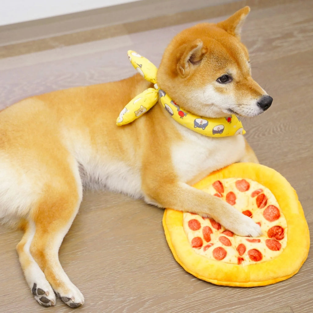 Yellow teddy bear dog toy holding pizza slice squeaky chew toy